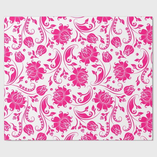 Hot-roze en witte Floral Damaskers Cadeaupapier (Vlak)