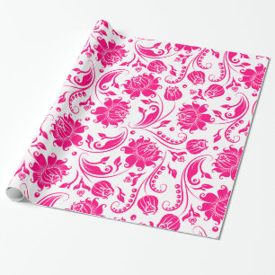 Hot-roze en witte Floral Damaskers Cadeaupapier