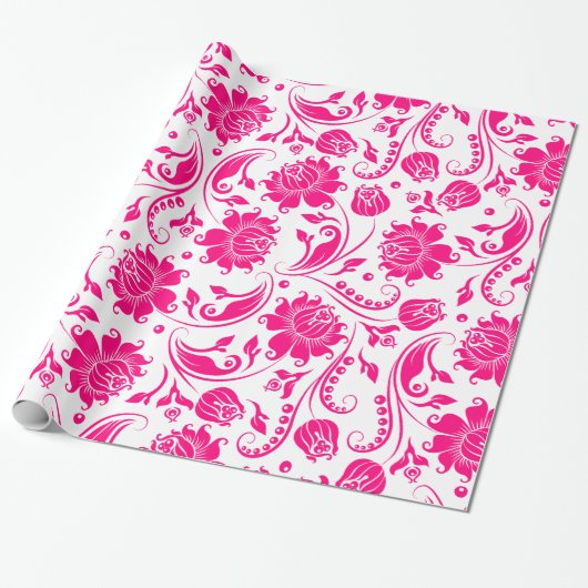 Hot-roze en witte Floral Damaskers Cadeaupapier (Uitgerold)