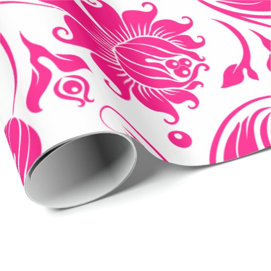 Hot-roze en witte Floral Damaskers Cadeaupapier (Rol Hoek)