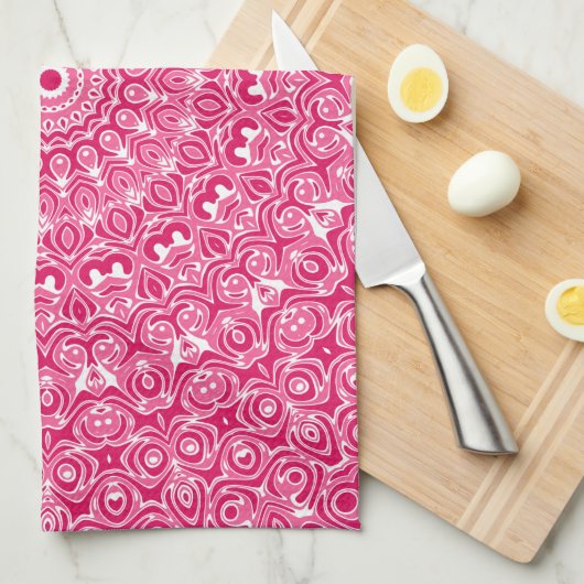 Hot Roze en Witte Mandala Patroon Theedoek (Quarter Fold)