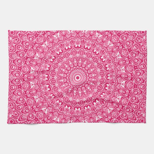 Hot Roze en Witte Mandala Patroon Theedoek (Horizontaal)