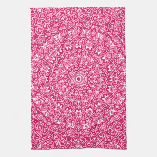 Hot Roze en Witte Mandala Patroon Theedoek (Verticaal)