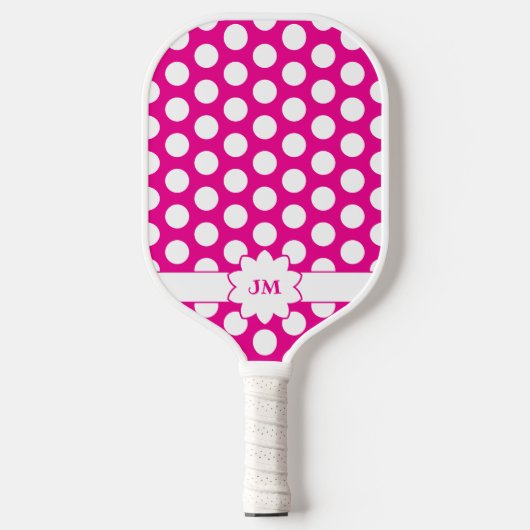 Hot Roze en Witte Polka Dot Monogram Pickleball Paddle (Voorkant)