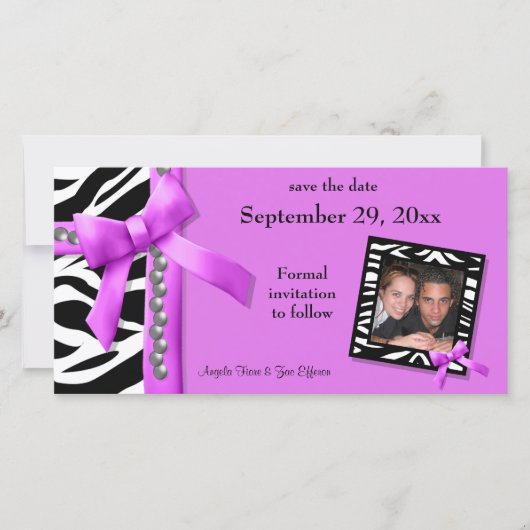 Hot-roze en witte Zebra sparen de datumkaart Save The Date (Voorkant)
