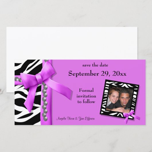 Hot-roze en witte Zebra sparen de datumkaart Save The Date (Voorkant / Achterkant)