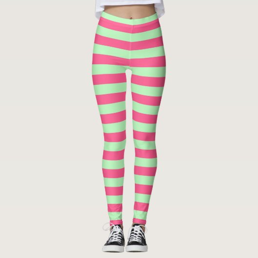 Hot-roze en zachte groene strepen leggings (Voorkant)
