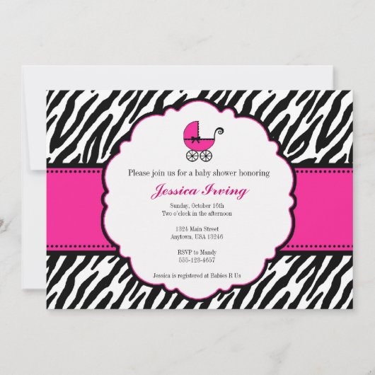 Hot-roze en Zebra Print Baby shower Invitation Kaart (Voorkant)