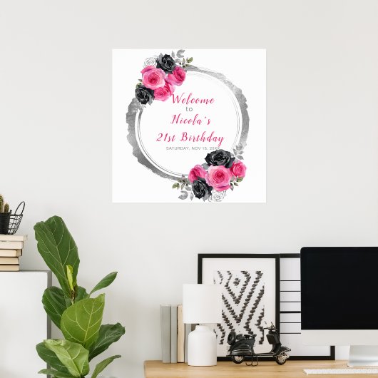 Hot Roze en Zilver Elegant Bloemen Verjaardagsfees Poster (Thuiskantoor)