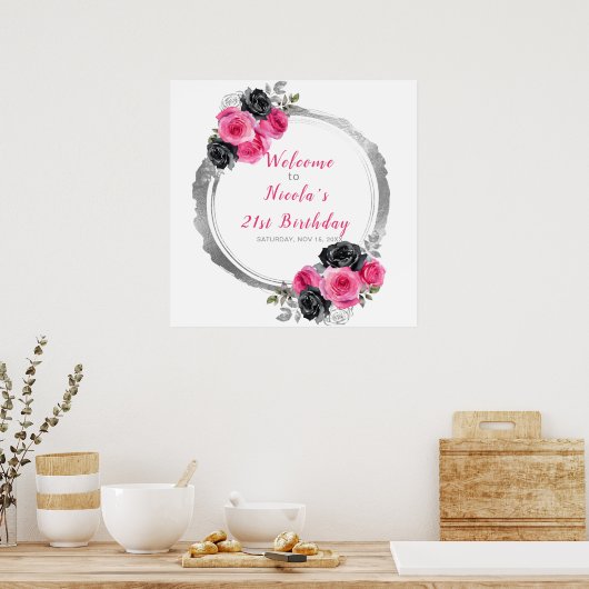 Hot Roze en Zilver Elegant Bloemen Verjaardagsfees Poster (Keuken)