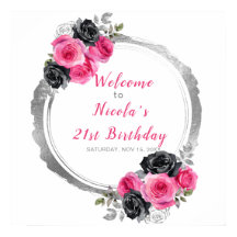 Hot Roze en Zilver Elegant Bloemen Verjaardagsfees