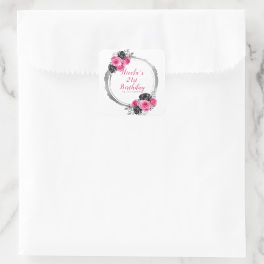 Hot Roze en Zilver Elegant Bloemen Verjaardagsfees Vierkante Sticker (Tas)