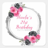 Hot Roze en Zilver Elegant Bloemen Verjaardagsfees Vierkante Sticker (Voorkant)