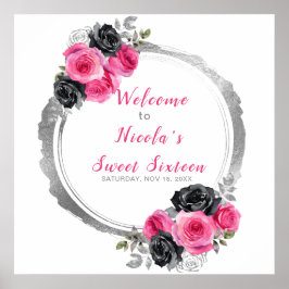 Hot Roze en Zilver Elegante Bloem Sweet Sixteen Poster