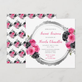 Hot Roze en Zilver Elegante Bloemen Sweet Sixteen Kaart