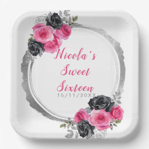 Hot Roze en Zilver Elegante Bloemen Sweet Sixteen Papieren Bordje