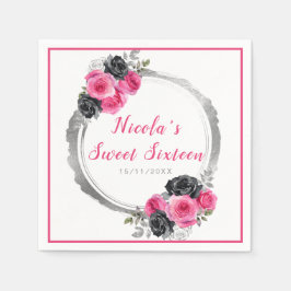 Hot Roze en Zilver Elegante Bloemen Sweet Sixteen Servet