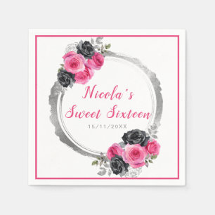 Hot Roze en Zilver Elegante Bloemen Sweet Sixteen Servet