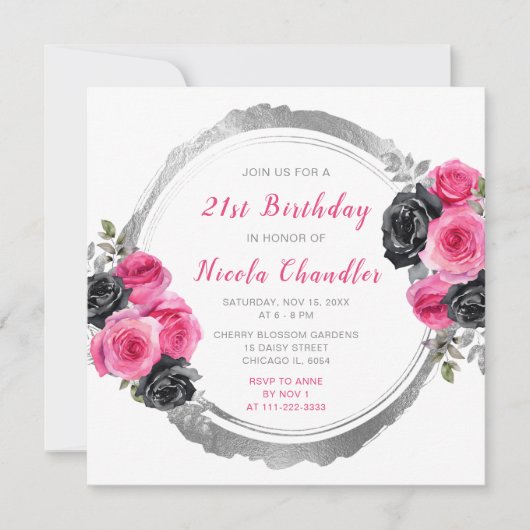 Hot Roze en Zilver Elegante Bloemen Verjaardagsfee Kaart (Voorkant)