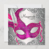 Hot Roze en Zilveren Maskerade Party Kaart (Voorkant)