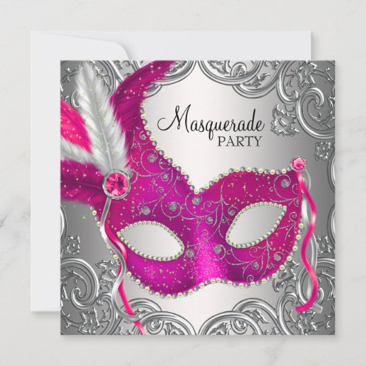 Hot Roze en Zilveren Maskerade Party Kaart (Voorkant)