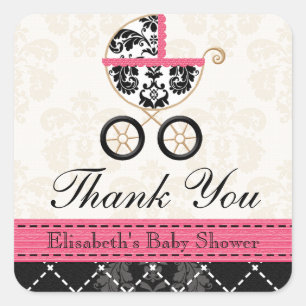 HOT ROZE en zwart Damask Baby Carriage Bedankt Vierkante Sticker
