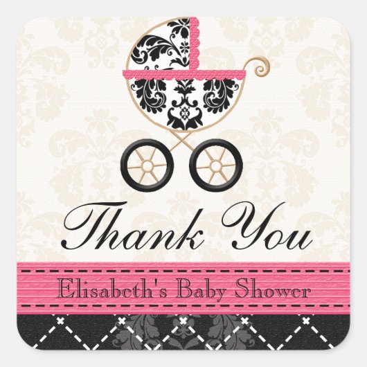 HOT ROZE en zwart Damask Baby Carriage Bedankt Vierkante Sticker (Voorkant)