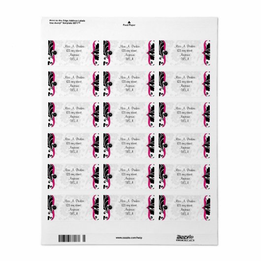Hot Roze en zwart damast Adreslabel Etiket (Full Sheet)