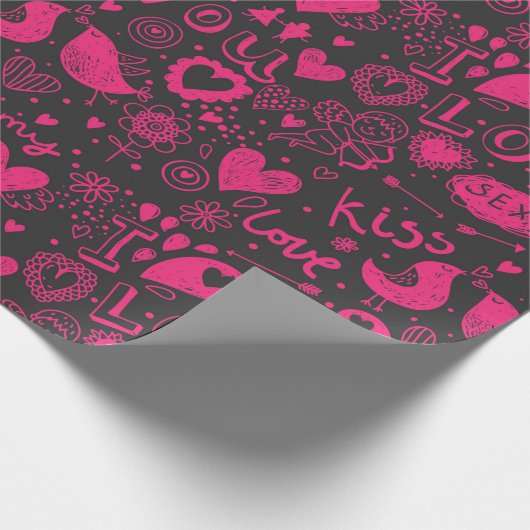 Hot-roze en zwart Patroon Romantisch omslagpapier Cadeaupapier (Hoek)