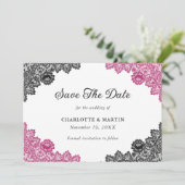 Hot Roze en Zwart Rustieke Bloemen Kant Trouwen Save The Date (Staand voorkant)