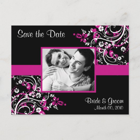 Hot Roze en Zwart Save the Date Foto Briefkaarten (Voorkant)