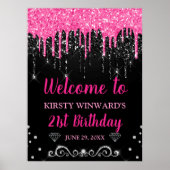 Hot-roze en zwart-witstation Glitter Birthday Welk Poster (Voorkant)