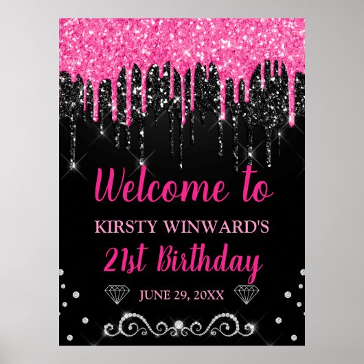 Hot-roze en zwart-witstation Glitter Birthday Welk Poster (Voorkant)