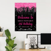 Hot-roze en zwart-witstation Glitter Birthday Welk Poster (Thuiskantoor)