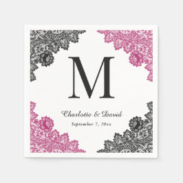Hot Roze en Zwarte Bloemen Kant Monogram Trouwen Servet