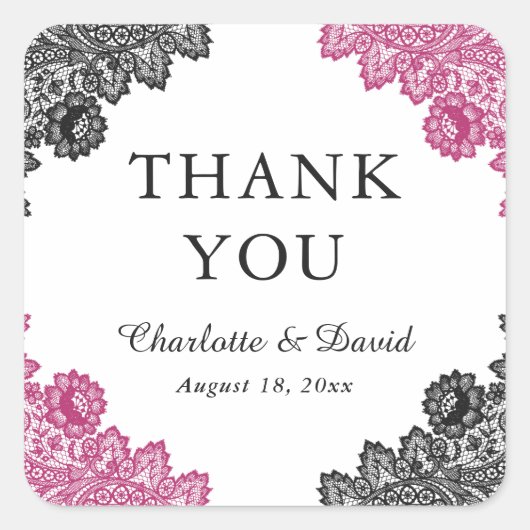 Hot Roze en Zwarte Bloemen Kant Trouwen Dank U Vierkante Sticker (Voorkant)
