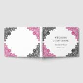 Hot roze en zwarte bloemenkant bruiloft gastenboek (Volledig)