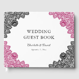 Hot roze en zwarte bloemenkant bruiloft gastenboek