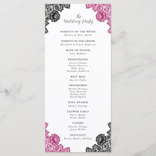 Hot roze en zwarte bloemenkant bruiloft programmakaart (Achterkant)