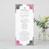 Hot roze en zwarte bloemenkant bruiloft programmakaart (Staand voorkant)