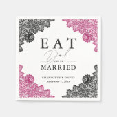 Hot roze en zwarte bloemenkant bruiloft servet (Voorkant)