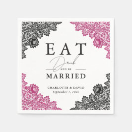 Hot roze en zwarte bloemenkant bruiloft servet