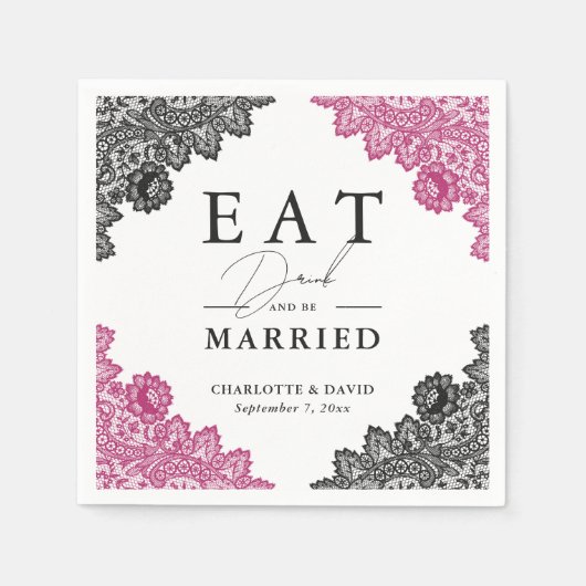 Hot roze en zwarte bloemenkant bruiloft servet (Voorkant)