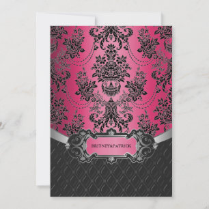 Hot-roze en zwarte Damask bruiloft-uitnodigingen Kaart