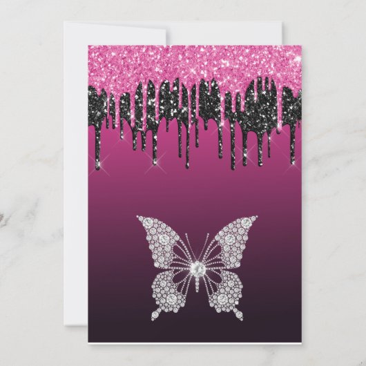 Hot-roze en zwarte druppelaar Glitter Sweet 16 Kaart (Achterkant)