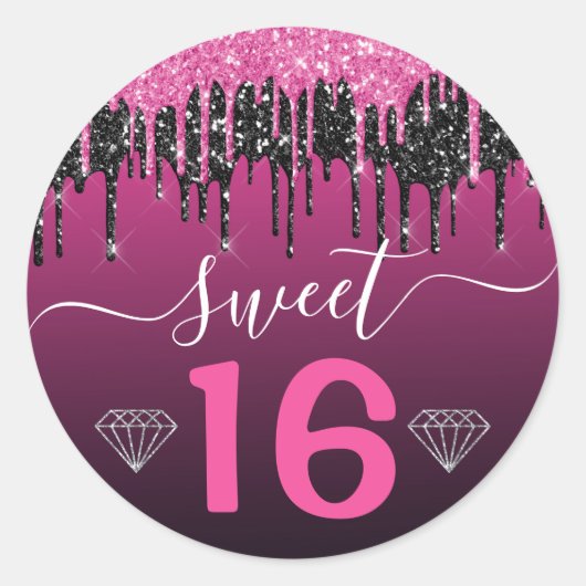 Hot-roze en zwarte druppelaar Glitter Sweet 16 Ronde Sticker (Voorkant)