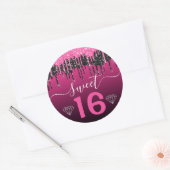 Hot-roze en zwarte druppelaar Glitter Sweet 16 Ronde Sticker (Envelop)