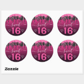 Hot-roze en zwarte druppelaar Glitter Sweet 16 Ronde Sticker (Vel)