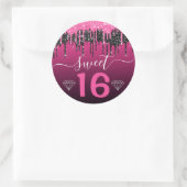 Hot-roze en zwarte druppelaar Glitter Sweet 16 Ronde Sticker (Tas)