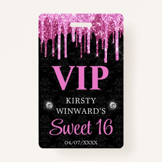 Hot-roze en zwarte druppelaar Glitter Sweet Sixtee Badge (Voorkant)